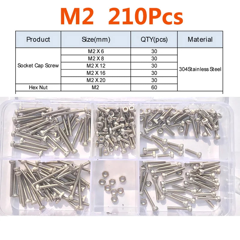 420/210/180/110/75PCS 304 Stainless Steel Allen Hexagon Hex Socket Cap Head Screw Bolt and Nut Set M2 M2.5 M3 M4 M5 M6 M8 Kit