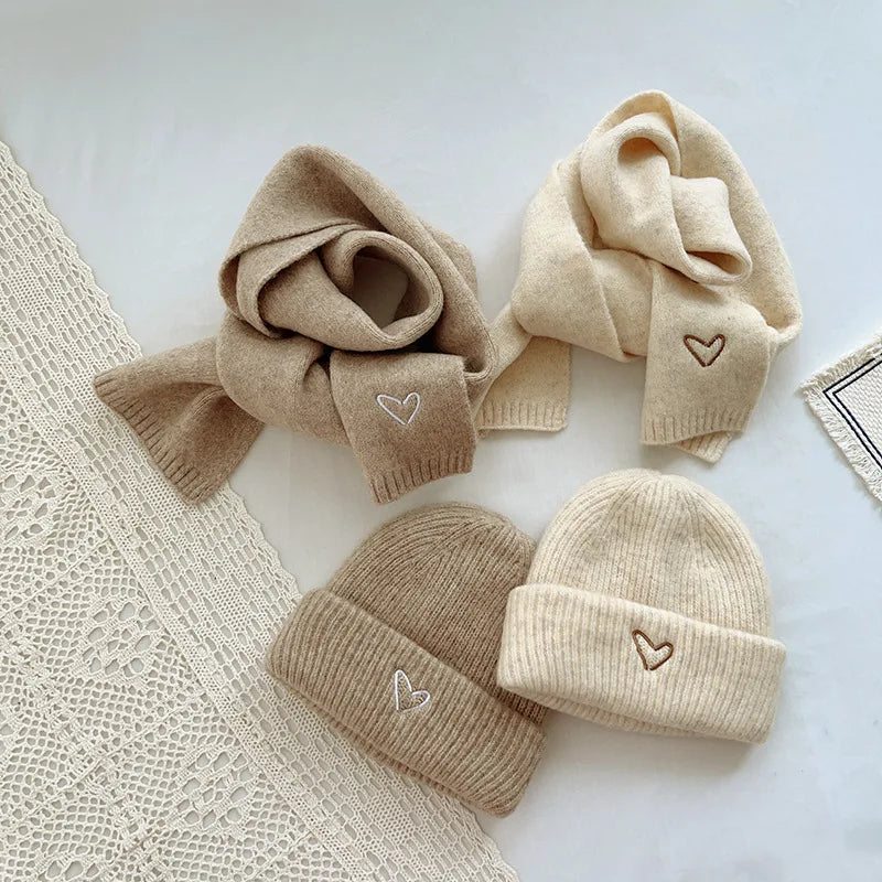 Love Heart Embroidery Baby Knit Hats Winter Children Solid Color Thick Soft Crochet Warm Beanie Cap Kids Korean Outdoor Warm Hat