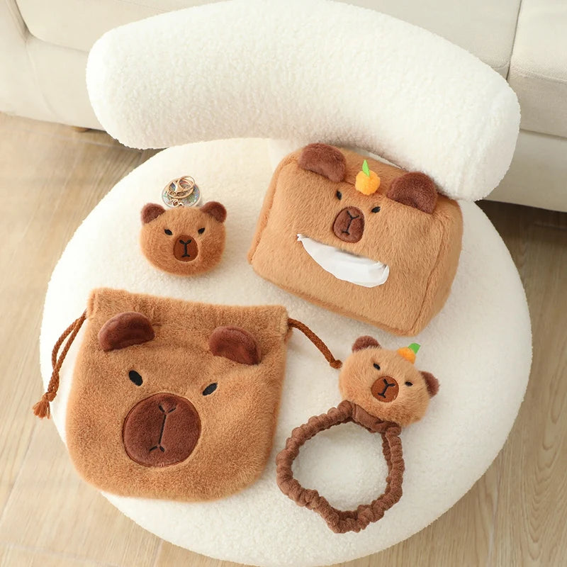 Cute Capybara Plush Car Pillow Rearview Mirror Tissue Box Car Headrest Shoulder Cover Combination Of Car Supplies Decoration Car