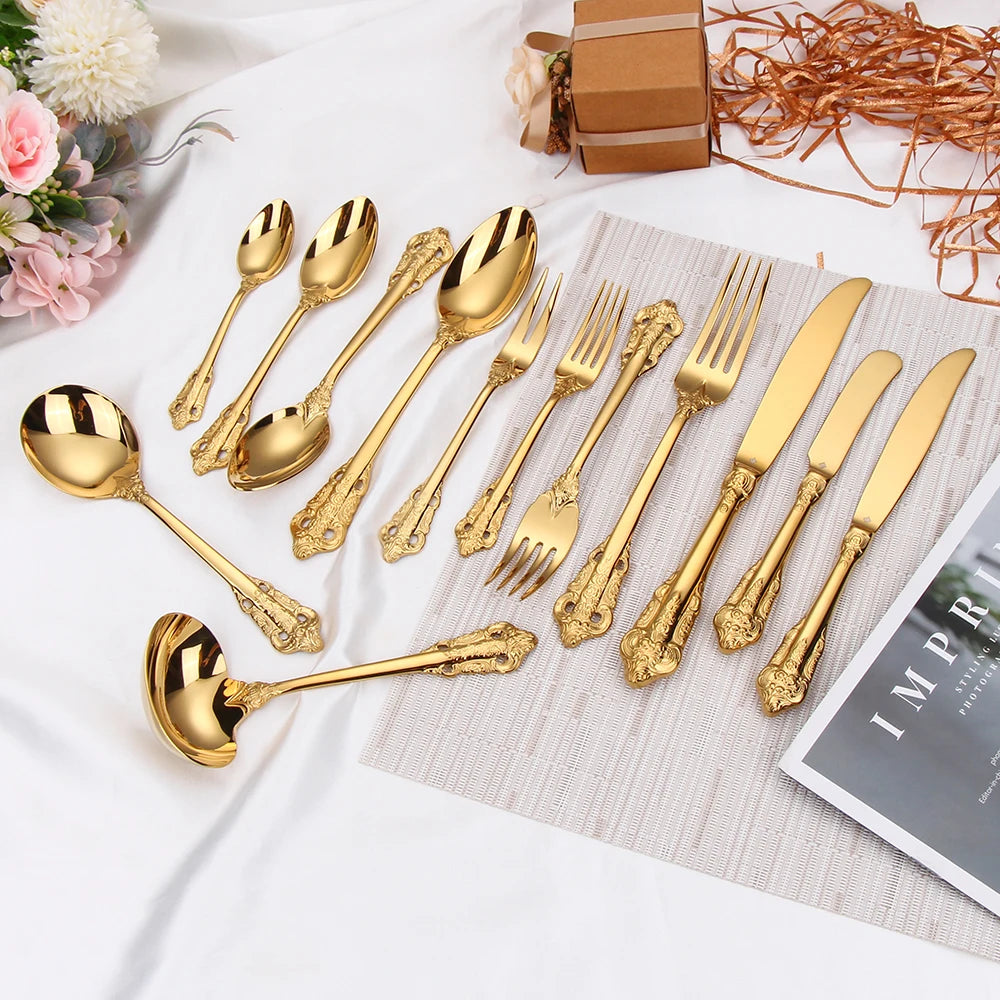 1Pcs Luxury Gold Cutlery Set Vintage Western Stainless Steel Tableware Kitchen Utensils Dinner Set Sliver Knife Fork Spoon