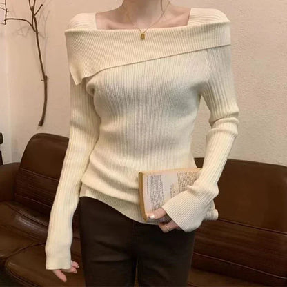 POCZCIY Women Slim Off Shoulder Knit Sweater Slash Neck Long Sleeve Knitwear Jumpers Office Sweater For Women 2024 Autumn Winter