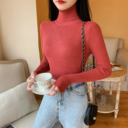 2024 Autumn Winter Women Long Sleeve Knitted Foldover Turtleneck Ribbed Pull Sweater Soft Warm Femme Jumper Pullover Clothes