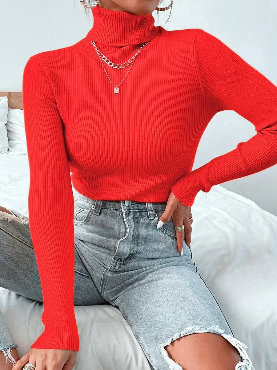 2025 Autumn Winter Women Knit Solid Turtleneck Pull Sweater Casual Rib Jumper Tops Female Home Pullover Y2K Clothing