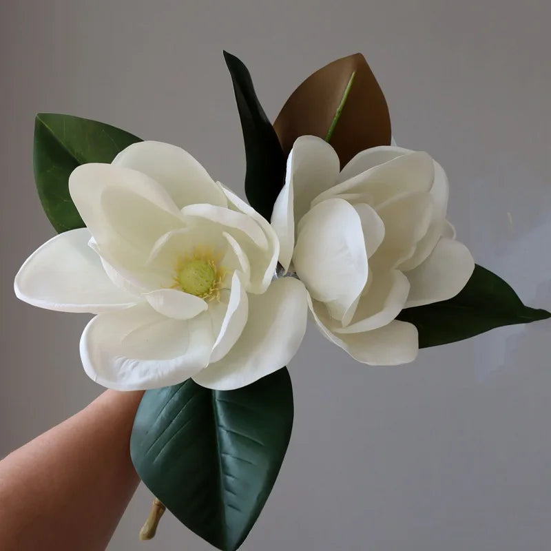 14in Luxury Artificial Magnolia Flower Real Touch White Magnolia Leaves Faux Flower For Wedding Home Decor Artificiales Flores