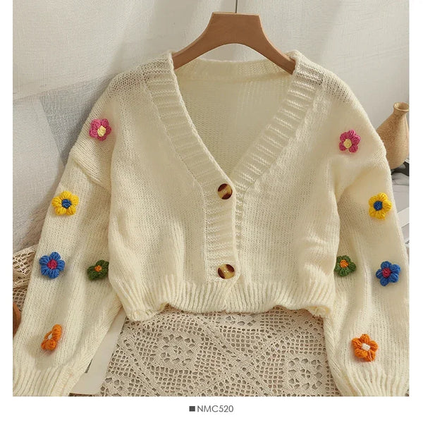 PTKPCC New Autumn Colourful Applique Flower Cardigan for Women Cute Long  V-neck Knit Crop Sweater Girl Soft Knitwear