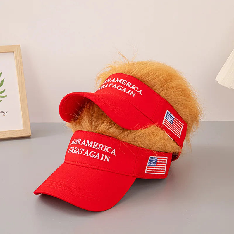 Make America Great Again 2024 Election Yellow Hair Wig Cap Trump Hip Hop Baseball Fashion Funny Embroidered Hat with Wide Brim