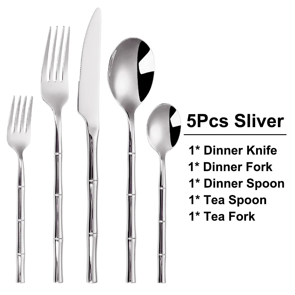 10/15/20/25/30pcs Sliver Dinner Set Stainless Steel Western Tableware Mirror Cutlery Bamboo Style Spoon Fork Kitchen Utensils