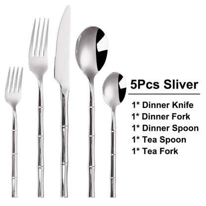 10/15/20/25/30pcs Sliver Dinner Set Stainless Steel Western Tableware Mirror Cutlery Bamboo Style Spoon Fork Kitchen Utensils