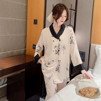 Chinese Printed Sleepwear Pyjama Suit Women Two-Piece Pajamas Set Spring Long Sleeve Shirt Trouser Satin Nightwear Homewear