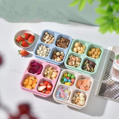 Square Divider Bento Box Reusable 4-compartment Food Container Snack Nuts With Lid Wheat Straw Lunch Box Kitchen Supplies