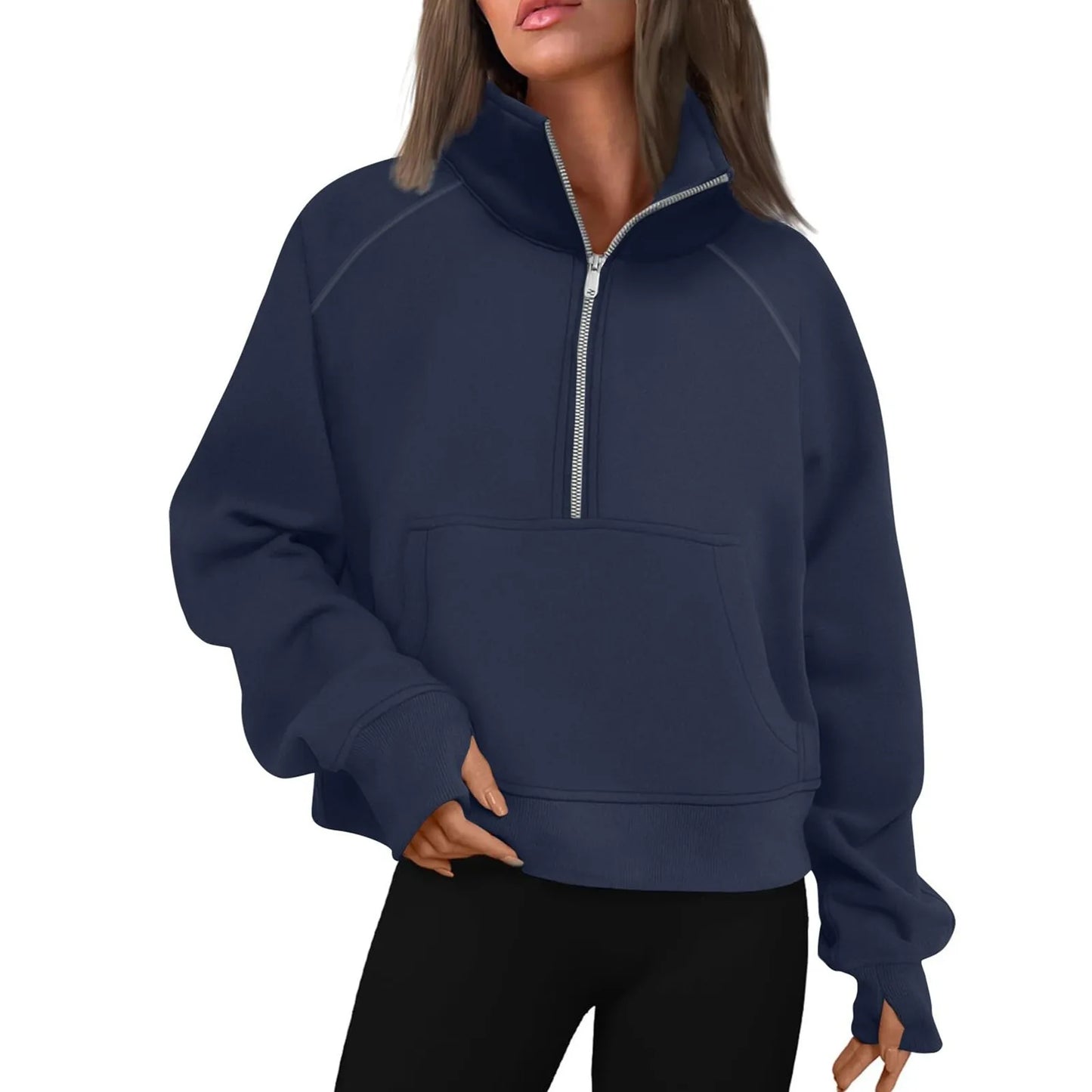 Women's Stand Collar Plus Fleece Solid Color Hoodie  Long Sleeve Pocket Loose Half Zip Pullover Hoodie Top лонгслив женский