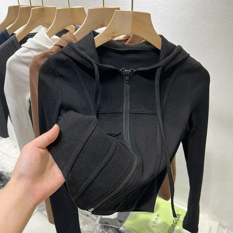 Zipper Hoodes Sweatshirt Korean Women Thin Skinny Casual Sporty Cropped Tops Basic Simple Tennis Jazz Dance Sexy Cardigan