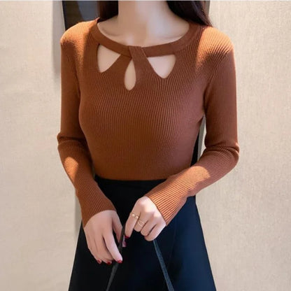 2024 Autumn Hollow Out Sexy Women Sweater Fashion Winter New Vintage O-neck Knitted Tops Solid Casual Knitwear Pullover Slim