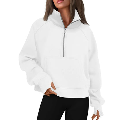 Women's Stand Collar Plus Fleece Solid Color Hoodie  Long Sleeve Pocket Loose Half Zip Pullover Hoodie Top лонгслив женский