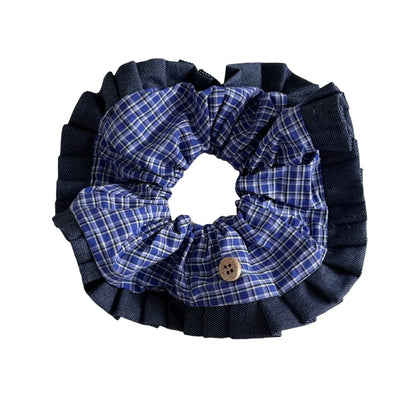 Korean New Design Blue Plaid High-Grade Retro Preppy Style Elastic Scrunchie Small Bun Head Rope Hair Accessories