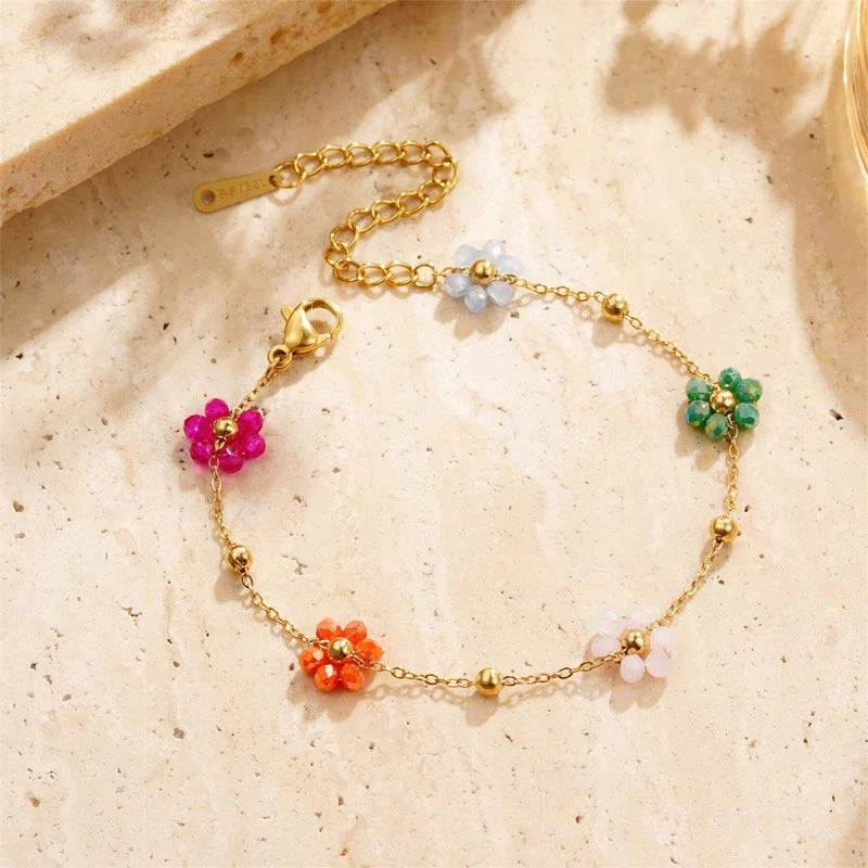 Gold Plated Stainless Steel Waterproof Necklace Bracelet Set Colorful Artificial Crystal Flower Chain Jewelry Set for Women Gift