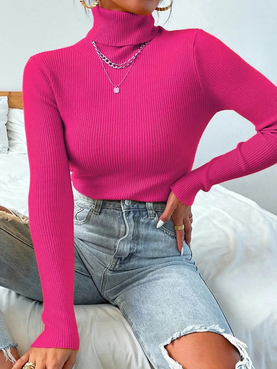 2024 Autumn Winter Women Long Sleeve Knitted Foldover Turtleneck Ribbed Pull Sweater Soft Warm Femme Jumper Pullover Clothes