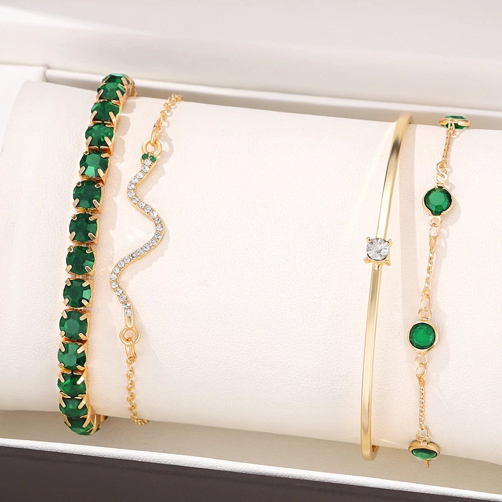 4 Piece Set Women Retro Green Diamond Square Bracelet Versatile Diamond Bracelet Fashionable Versatile Personalized Accessory