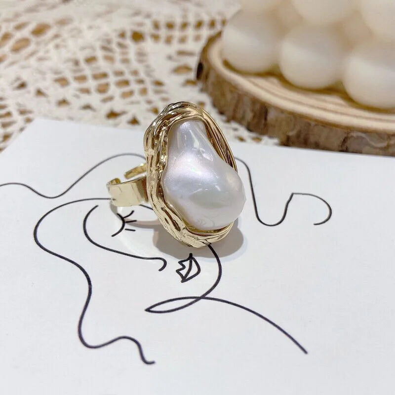 Irregular Geometric White Imitation Pearl Exaggerated Open Rings for Women Personality Temperament Fashion Hand Jewelry