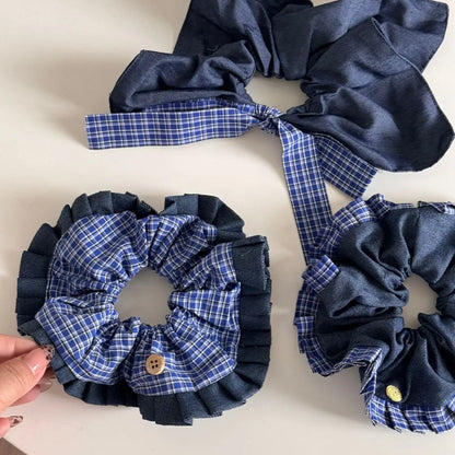 Korean New Design Blue Plaid High-Grade Retro Preppy Style Elastic Scrunchie Small Bun Head Rope Hair Accessories