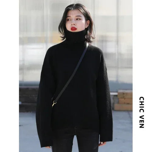 CHIC VEN Women's Sweater Autumn Winter New Turtleneck Knit Pullover Loose Clothes for Women Warm Solid Basic Female Tops 2023