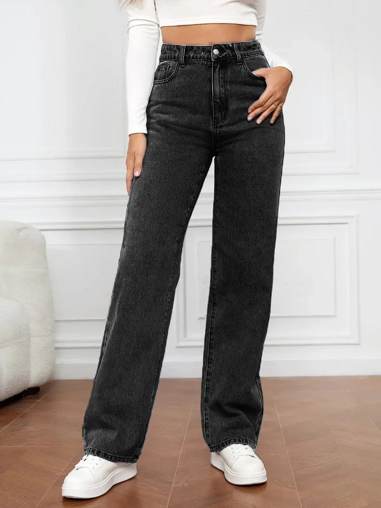 Women Jeans Straight Pants Denim Washing High Waist Loose Fit Pockets Basics Ankle Length Pants Solid Color Slight Strech