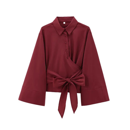 TRZA-Women's Long Sleeve Kimono Blouses With Bow Tie, Front Button, Female Shirts, Chic Tops, Fashion