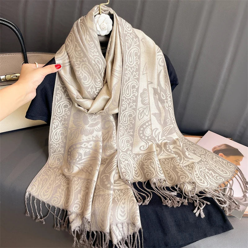 Autumn Stylish Jacquard Tassel Scarf Vintage Mature Paisley Print Shawl Going Out Warm Windproof Blanket Scarf