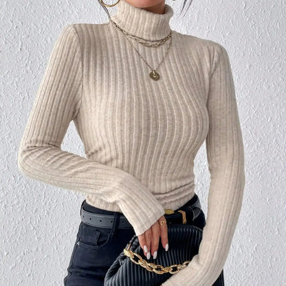 Autumn and Winter Sexy Texture Pit Stripe Slim Knit Long Sleeve Women's t-shirt New High Neck Women's Tops Casual Women's Tops