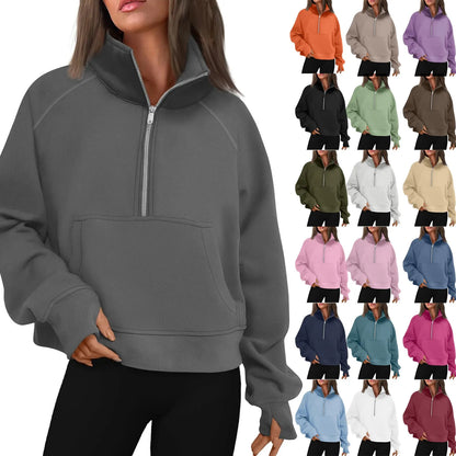 Women's Stand Collar Plus Fleece Solid Color Hoodie  Long Sleeve Pocket Loose Half Zip Pullover Hoodie Top лонгслив женский