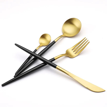 Gilt Rim Black Porcelain Dinner Plates Kitchen Dishes Ceramics Tableware Food Tray Rice Salad Noodles Bowl Cutlery Set