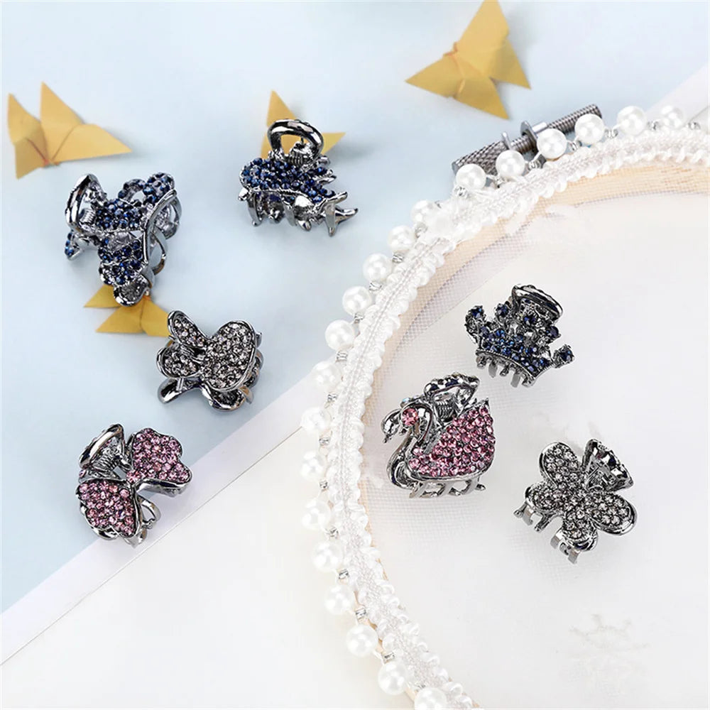 Mini Swan Rhinestone Hair Claw For Women Retro Diamond Crown Bowknot Hair Grip Small Hairpins Girl Hair Accessories