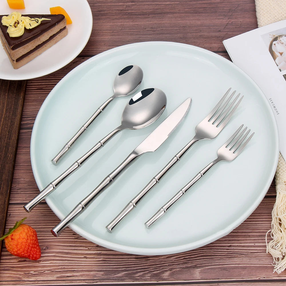 10/15/20/25/30pcs Sliver Dinner Set Stainless Steel Western Tableware Mirror Cutlery Bamboo Style Spoon Fork Kitchen Utensils