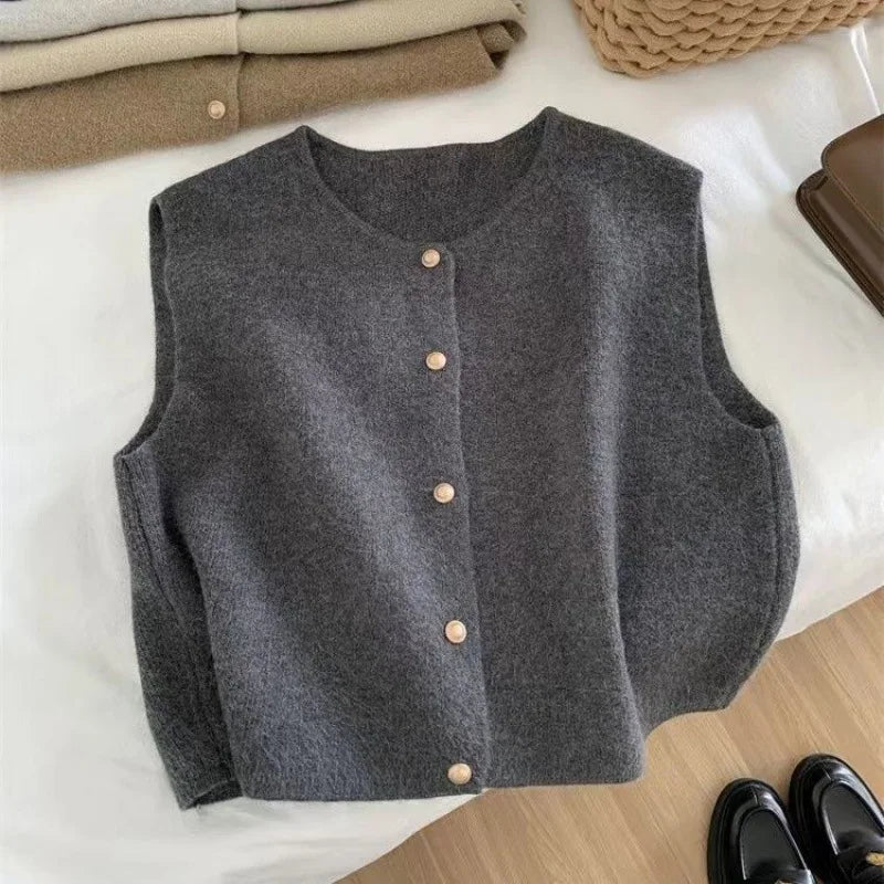 Fashion Office Lady Elegant Tops Spring Autumn Women's Solid Button V-Neck Sleeveless Casual Sweater Knitted Cardigan Vest Coats