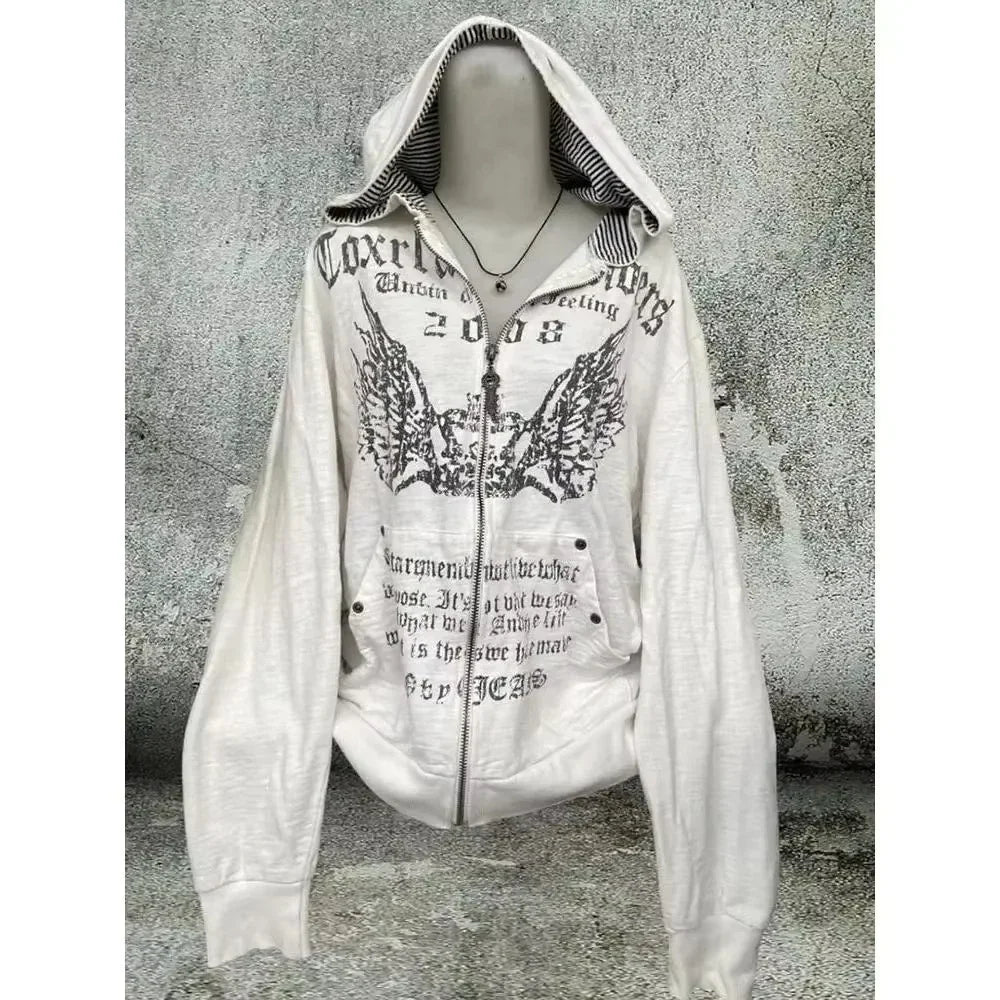 Vintage Y2k Aesthetic Grunge Letter Print Zippers Hoodies Women Coat Casual Gray Femme Korean Fur Patchwork Hooded Sweatshirts