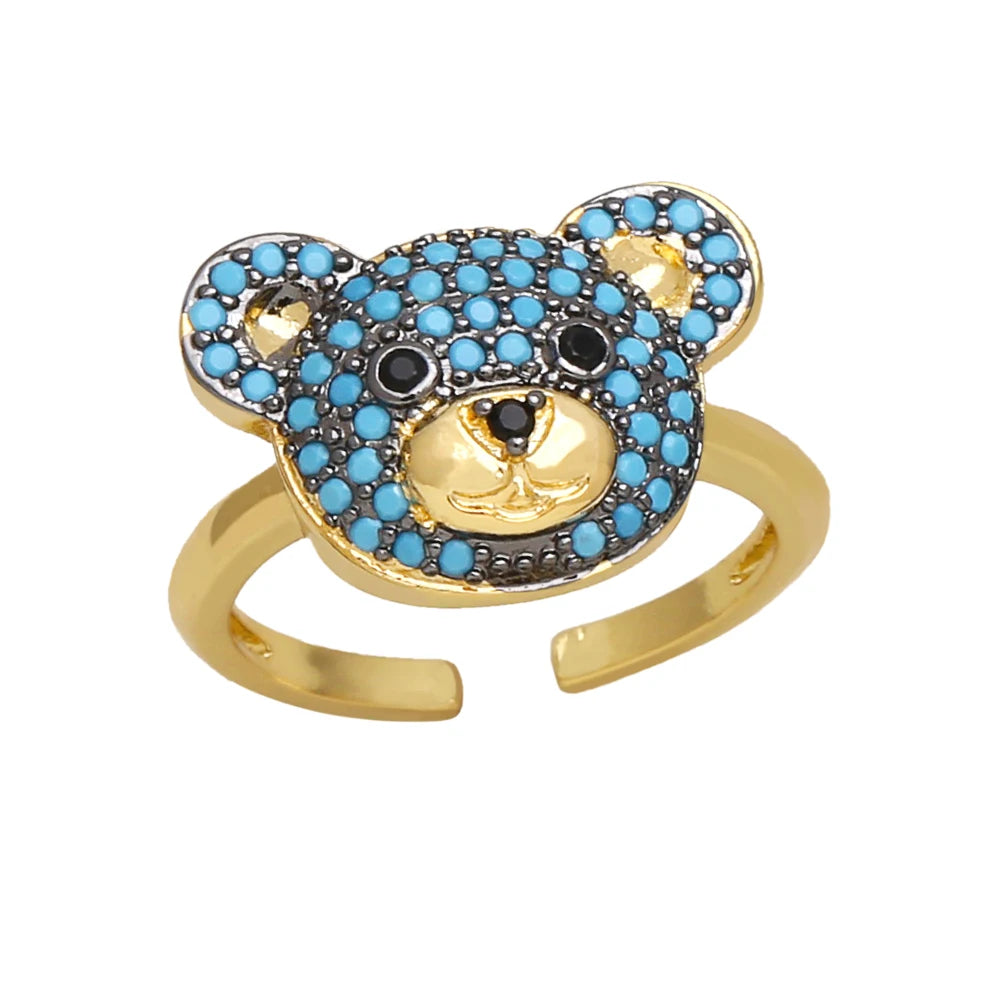 OCESRIO Multicolor Crystal Cute Bear Rings for Women Copper Gold Plated CZ Animal Open Ring Jewelry Women Girl Gift rigk70