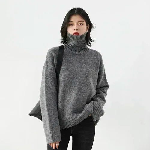 CHIC VEN Fashion Women's Loose Turtleneck Sweaters Warm Solid Pullover Knitwear Basic Female Jumpers Autumn Winter 2023