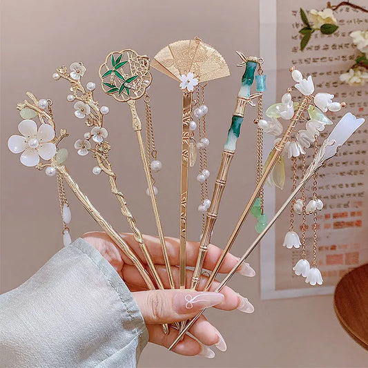 Elegant Chinese Style Hair Accessory Romantic Enameled Flower Tassel Hair Clip Alloy Jewelry Hairpin For Women Fashion Hairpin