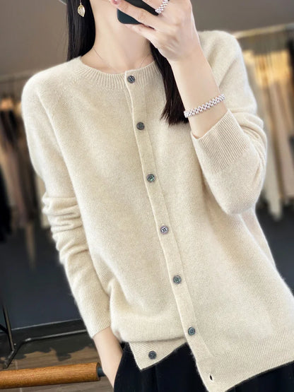 Long Sleeve 100% Merino Wool Sweaters Cashmere Cardigan Spring Autumn Women O-Neck Knitwear Tops Clothing Fashion Basic Tops