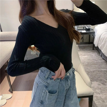 Autumn Winter Women Sweaters Casual Long Sleeve Knitted V Neck Pullover Sweater Femme Basic Solid Jersey Tops Fashion Clothes