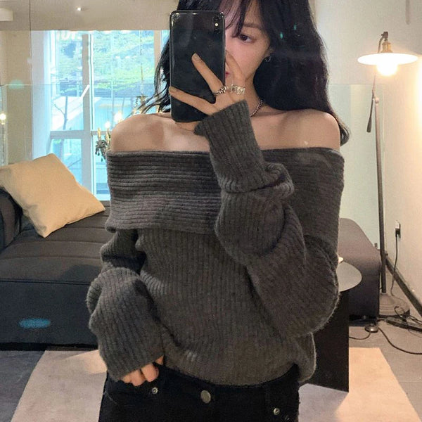 Knitted Sweater Women Pullovers Vintage Slim Off Shoulder Slash Neck Jersey Jumper Female Autumn Winter Thicken Soft Sweaters