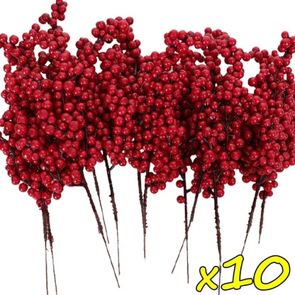 Christmas Red Berries Branch Fake Plants Flowers Artificial Holly Berry Stamen Wreath Ornaments for Xmas Tree Party Home Decor