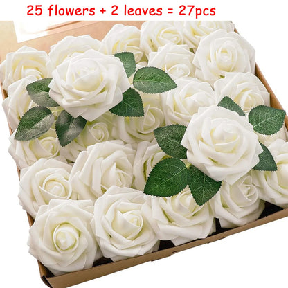 27pcs Artificial Flowers, Fake Flowers Roses W/stem For Party DIY Wedding Bouquets Centerpieces Arrangements, OPP bag packaging