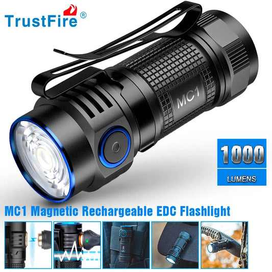 Trustfire MC1 Usb Rechargeable Flashlight 1000Lumen EDC LED Lamp Magnetic 2A Fast Charging Work Torch Light with Magnet Lantern