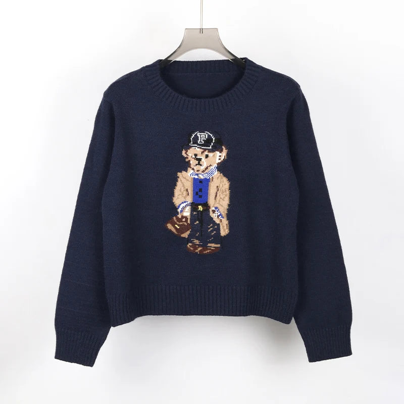 Crochet Bear Knit Sweater Pullover Women Jacquard Knitwear 2024 Autumn Winter RL Tops Coat Luxury Designer Brand Lauren Clothing