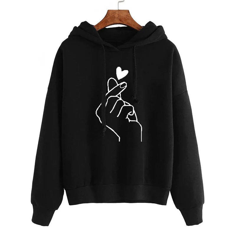 Autumn Fleece Hoodie Solid Color Finger Heart Hooded Korean Fashion Sweatshirts Long Sleeve Top Drawstring Pockets Loose Hoodies