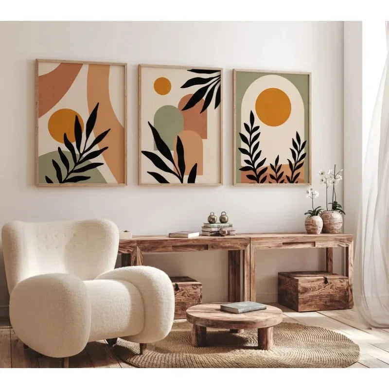 Bohemian Abstract Wall Art Beige Green Terracotta Nordic Modern Canvas Painting Leaves Colour Block Bedroom Frameless Poster