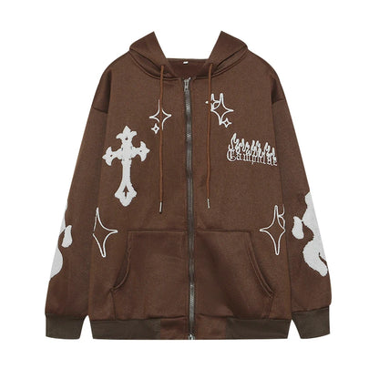 2023 European and American Autumn/Winter Hoodie Embroidered Cross Flame Coat Plush Couple Loose Top Sweater