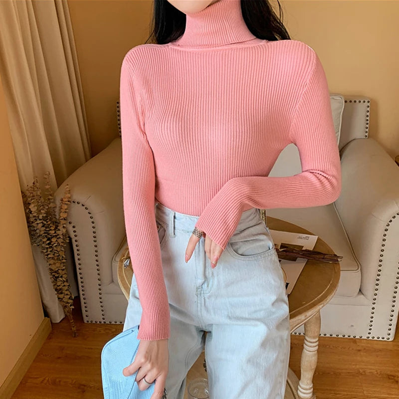 2024 Autumn Winter Women Long Sleeve Knitted Foldover Turtleneck Ribbed Pull Sweater Soft Warm Femme Jumper Pullover Clothes