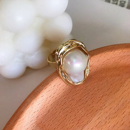 Irregular Geometric White Imitation Pearl Exaggerated Open Rings for Women Personality Temperament Fashion Hand Jewelry